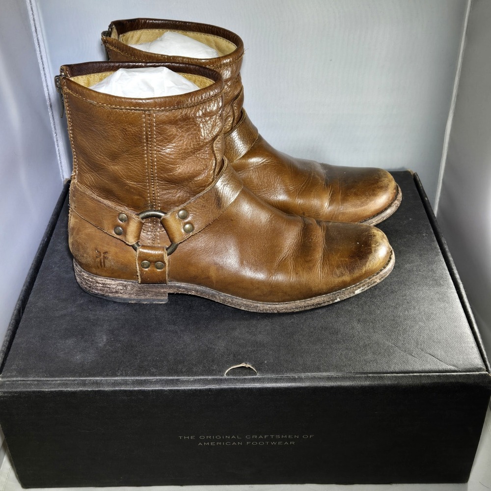 Frye Phillip Cognac Harness Leather Booties Size 9 M Womens Brown Shoes W/Box